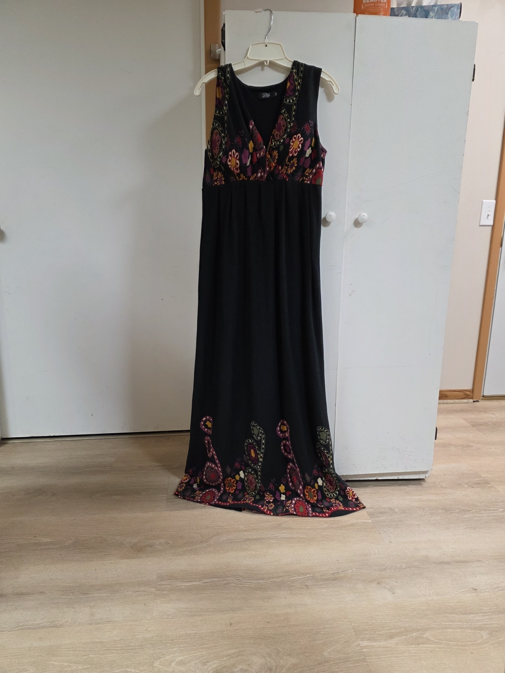 Black Maxi Dress with Pink and Orange Floral Trim
